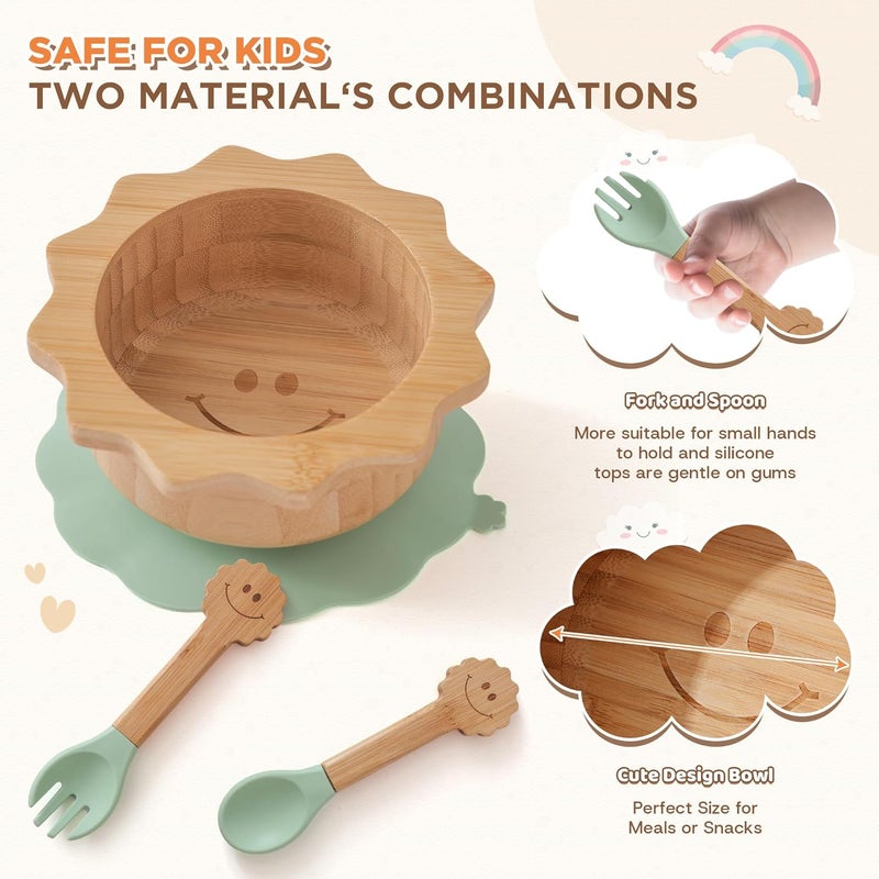 MingHoYo Bamboo Suction Plates Bowls Set for Baby Toddler - Includes Bamboo Bowl, Divided Plate, Silicone Fork & Spoon, All-Natural Baby Feeding Set for Baby-Led Weaning - Image 4
